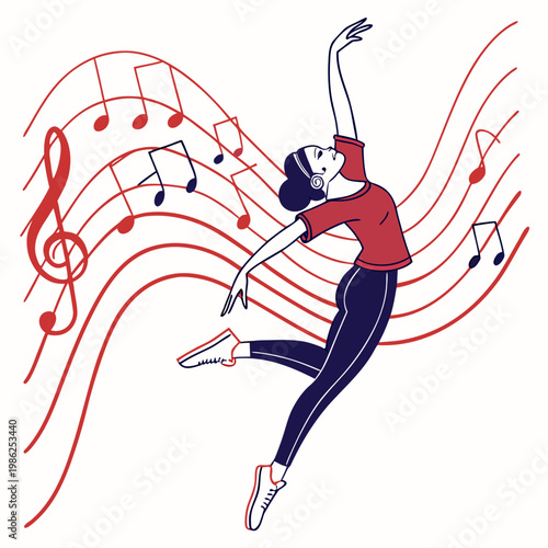 Ballet dancer silhouette with musical notes wave.