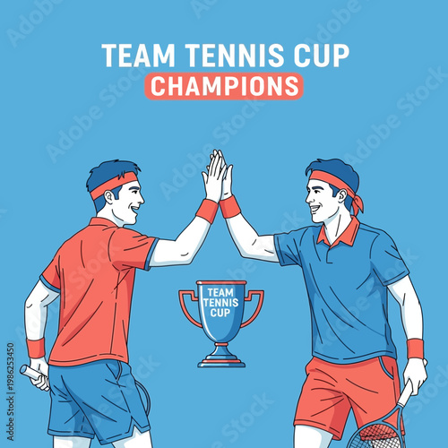 Team Tennis Cup Champions Celebrates Victory With High-Five Gesture on Bright Blue Background