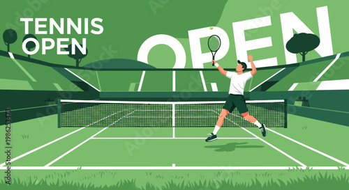 Tennis Open Tournament: A Dynamic Vector Illustration Of An Athlete Serving On Court