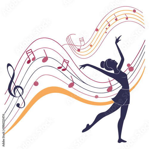 Ballet dancer silhouette with musical notes wave.