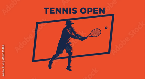 Tennis Open Silhouette with Orange Background and a Tennis Player Ready To Play