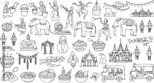 Traditional Thailand Culture Icons Set – Songkran Festival, Temples, Food, Elephants Line Art Illustration