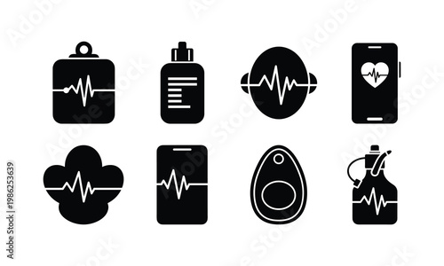 Icons representing various medical and health monitoring devices and applications