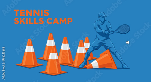 Tennis Skills Camp Illustration Featuring Player, Cones, And Dynamic Training Session