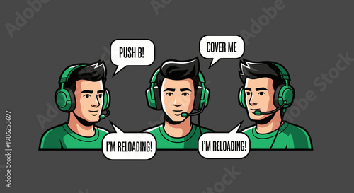 Teamwork In Gaming Communication With Headsets And Chat Bubbles