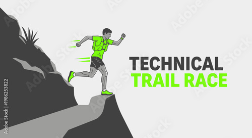 Technical Trail Race Illustration Featuring Athlete Running on Mountain Trail Vector Art