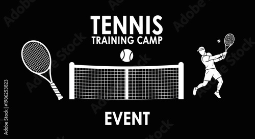 Tennis Training Camp Event, Black and White Graphic Design for Sports Promotion
