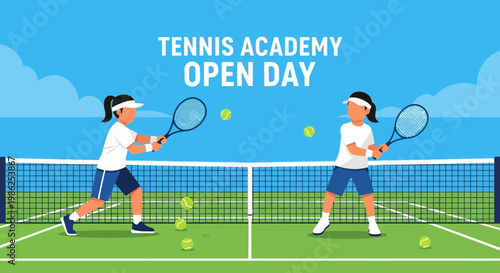 Tennis Academy Open Day: Two Players Demonstrating Skills on a Green Court Under a Blue Sky
