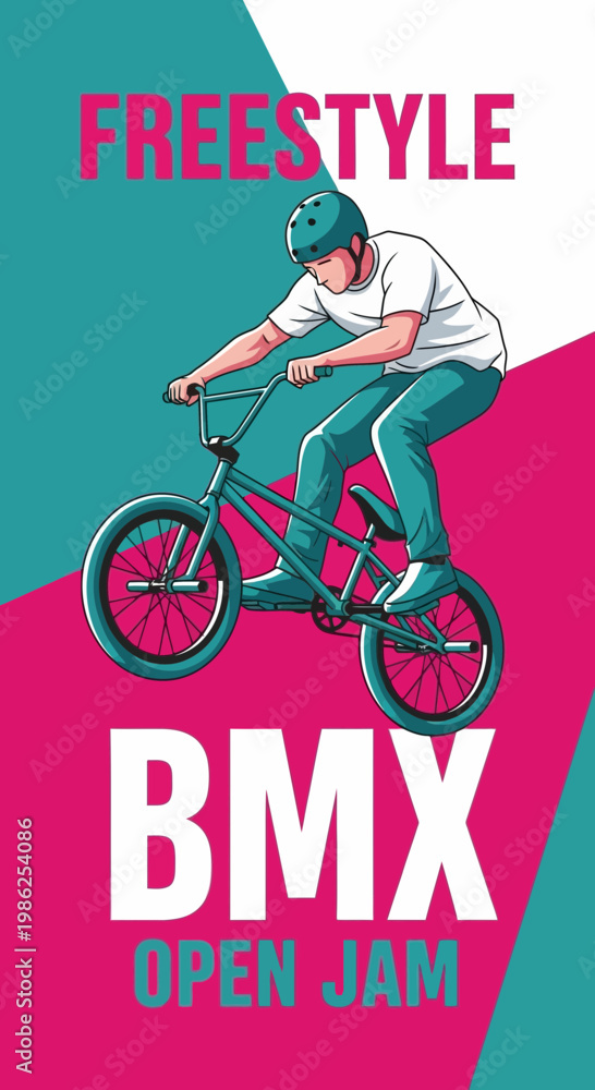 Naklejka premium Thrilling Artistic Depiction of a BMX Rider Performing Freestyle Stunts at the Open Jam Event