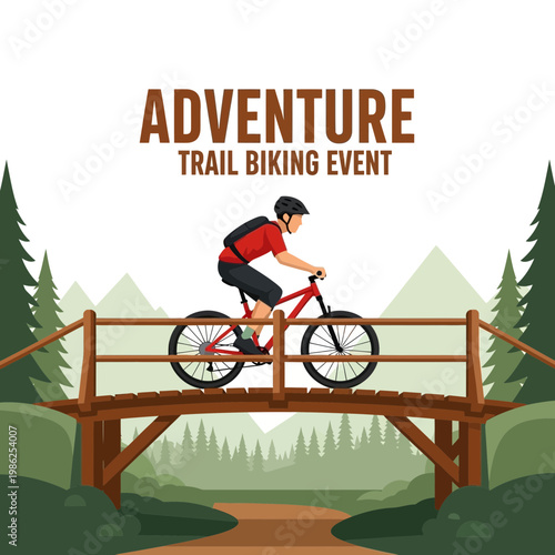 Thrilling Adventure Trail Biking Event Poster Depicting Cyclist Crossing a Wooden Bridge