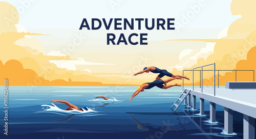 Thrilling Adventure Race Depicting Competitive Swimming Events In Calm Water At Sunset