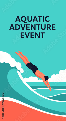 Thrilling Aquatic Adventure Event Illustrative Design Depicting a Daring Dive Into Surging Ocean