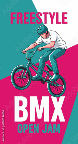 Thrilling Artistic Depiction of a BMX Rider Performing Freestyle Stunts at the Open Jam Event