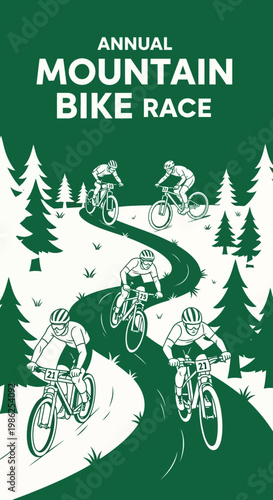 Thrilling Annual Mountain Bike Race in Scenic Forest Featuring Active Cyclists Pursuing Victory