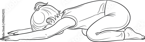 Black and white line art illustration of a person in child's pose, practicing yoga for relaxation and stress relief, showing a moment of calm and mindfulness.