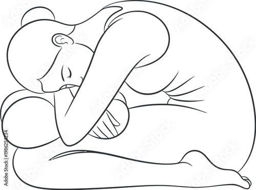 Thoughtful line art illustration of a person curled up in a vulnerable and introspective pose, embodying feelings of solitude, sadness, or quiet contemplation against a clean background.