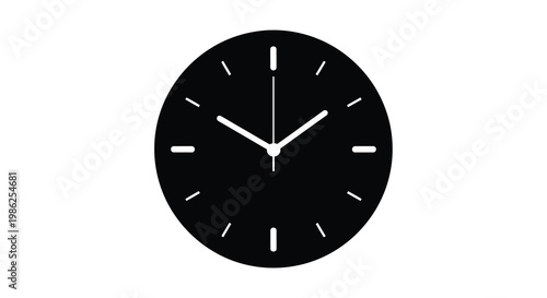 Simple black clock face displaying approximately ten minutes past twelve