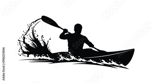 Silhouette of a kayaker paddling through turbulent water with splashing waves