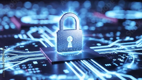 Digital padlock on circuit board background.