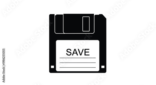 Black and white illustration of a vintage floppy disk with save text