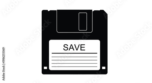 A black and white illustration of a vintage 3 5 inch floppy disk