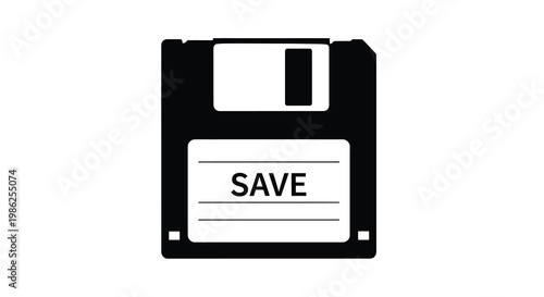 Black and white illustration of a vintage 3 5 inch floppy disk