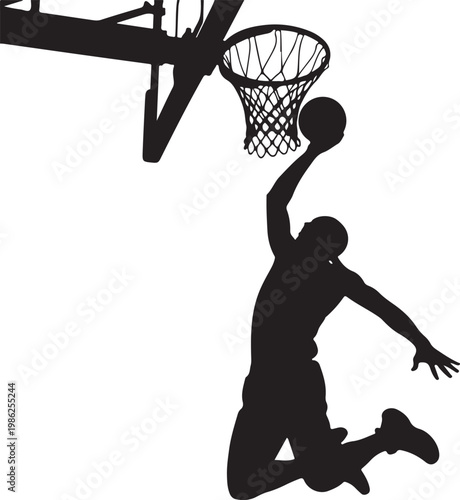 Man playing basketball silhouette dunking ball into hoop in mid air motion