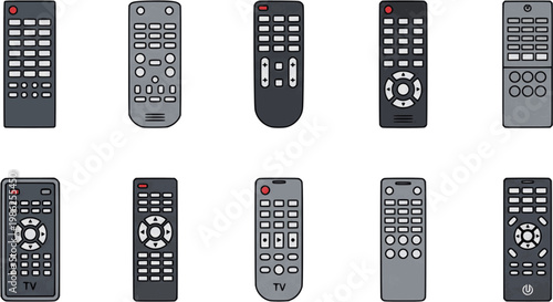 Remote control device icon set television media controller buttons flat vector illustration minimal technology equipment isolated design collection
