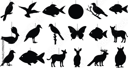 Silhouette collection of various hanging animals and birds on transparent background