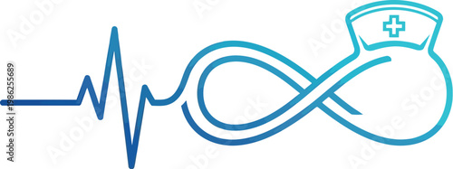 Creative heart pulse line blended into an infinity symbol featuring a nursing cap icon representing the eternal dedication of professional medical workers to patient care