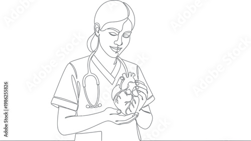 Female medical professional in scrubs and stethoscope gently holding an anatomical human heart in her hands, symbolizing dedicated care for cardiovascular health.