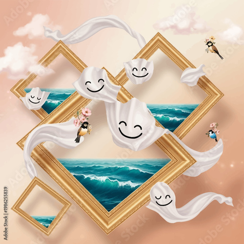 Surreal Luxury Geometric Frames with Smiling Clouds and Ocean Vector