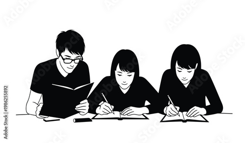 Three young people are intently focused on their studies reading and writing at a table presented as a striking silhouette high quality professional detailed