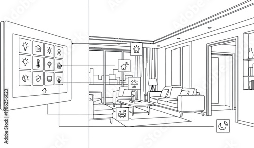 Smart home control panel interface showing digital icons for managing connected household appliances like lighting temperature security and climate systems within a modern living room interior
