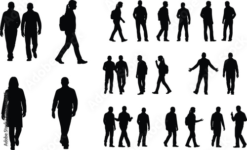 Set of silhouette icons featuring elderly senior people, grandparents walking with sticks, retirement lifestyle, and aging process on white background.