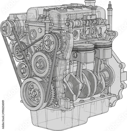 Detailed illustration of an internal combustion engine showcasing complex machinery on transparent background silhouette high quality professional detailed modern elegant stylish