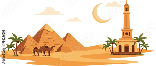 Iconic egyptian desert scene with pyramids camels palm trees and crescent moon flat design vector illustration isolated on transparent background