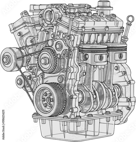 Detailed illustration of an internal combustion engine showcasing complex machinery on transparent background silhouette high quality professional detailed modern elegant stylish