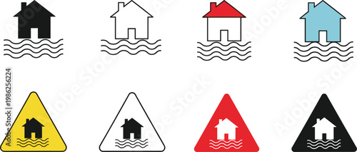 Collection of flood disaster icons and warning signs featuring submerged houses in water, representing property damage, insurance claims, and emergency weather.