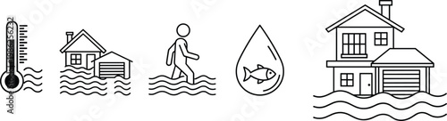 Set of line icons representing flood disaster, global warming, submerged house with garage, person walking in water, and water pollution.