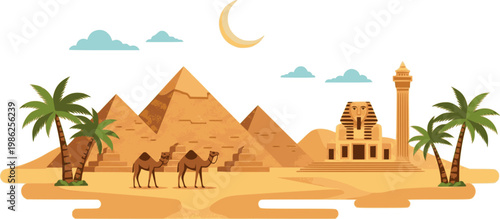 Iconic egyptian desert scene with pyramids camels palm trees and crescent moon flat design vector illustration isolated on transparent background
