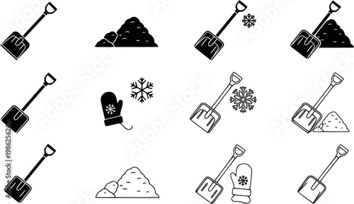 Snow shovel winter icon set, snow removal and cold weather maintenance symbols, solid and outline styles, black vector illustration isolated on white background