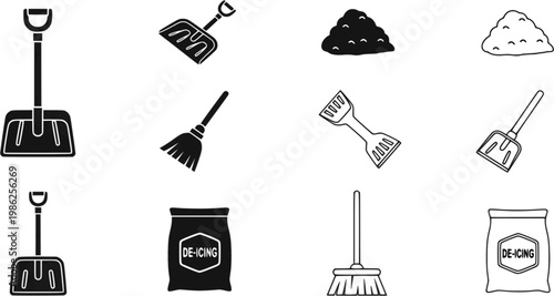 Snow shovel winter icon set, snow removal and cold weather maintenance symbols, solid and outline styles, black vector illustration isolated on white background