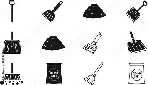 Snow shovel winter icon set, snow removal and cold weather maintenance symbols, solid and outline styles, black vector illustration isolated on white background