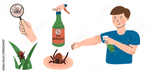 Tick Prevention and Control Set. Flat vector illustration of skin inspection, repellent spray and protection methods, Lyme disease prevention. Concept for healthcare and outdoor safety design.