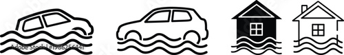 Set of line icons showing car and house in flood water, representing natural disaster, property damage, insurance claims, and emergency weather.