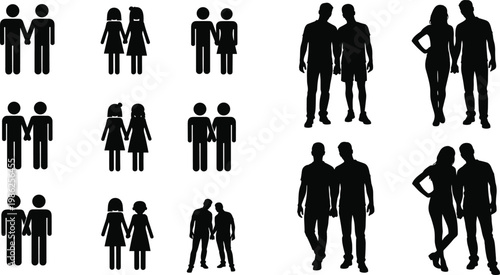 Set of silhouette icons and realistic figures of diverse couples holding hands representing love, equality, and human relationships on white background.