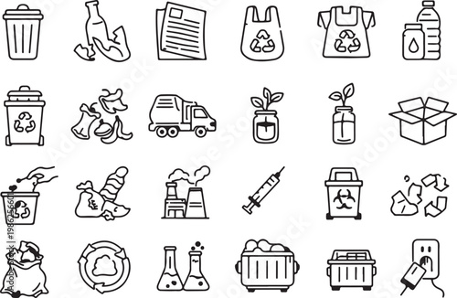 Trash line icon set. Recycle line icon set. Containing junk, rubbish, bin, dump, environment and more. Editable vector.
