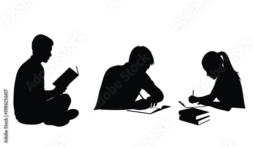 A striking black silhouette depicts three young people engaged in study one reading and two writing showcasing focused learning silhouette high quality professional detailed
