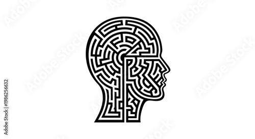 Black and white illustration of a human head maze.